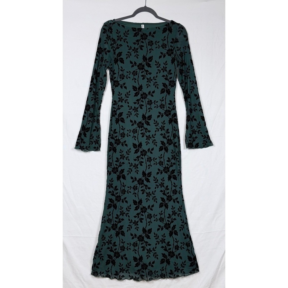 Pretty Garden Maxi Dress S Green Velvet Burnout Long Bell Sleeve Whimsigoth - Picture 2 of 14